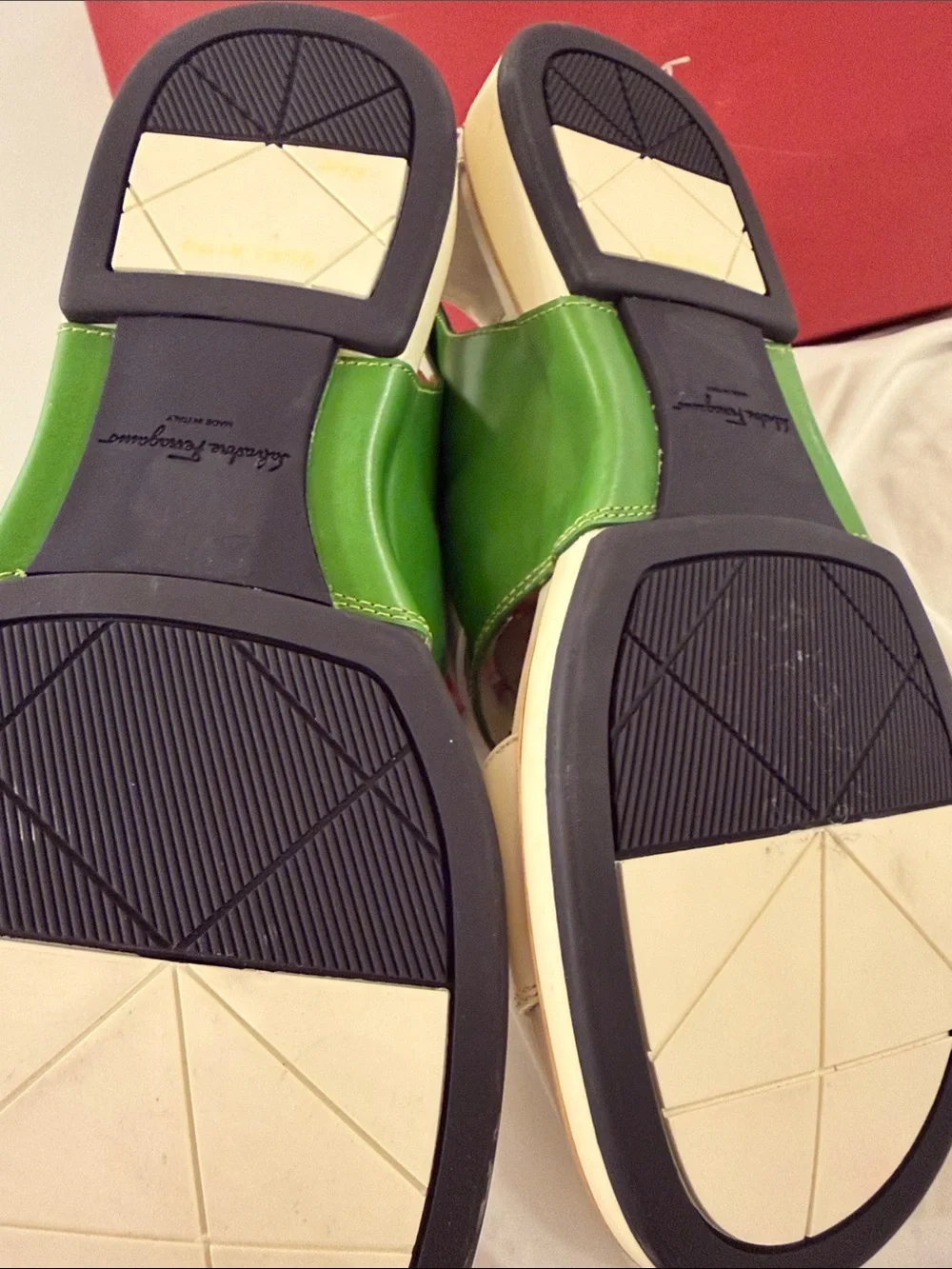 Salvatore Ferragamo White and Green Leather Strap Sandals